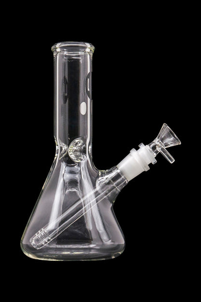 Front view of the LA Pipes Basic Beaker Water Pipe - Simply Guy, a clear glass water pipe with a classic beaker shape.