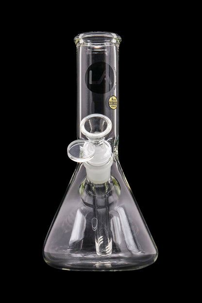 A straight-on view of the LA Pipes Basic Beaker Water Pipe - Simply Guy, showcasing the clear glass beaker shape and simple design.