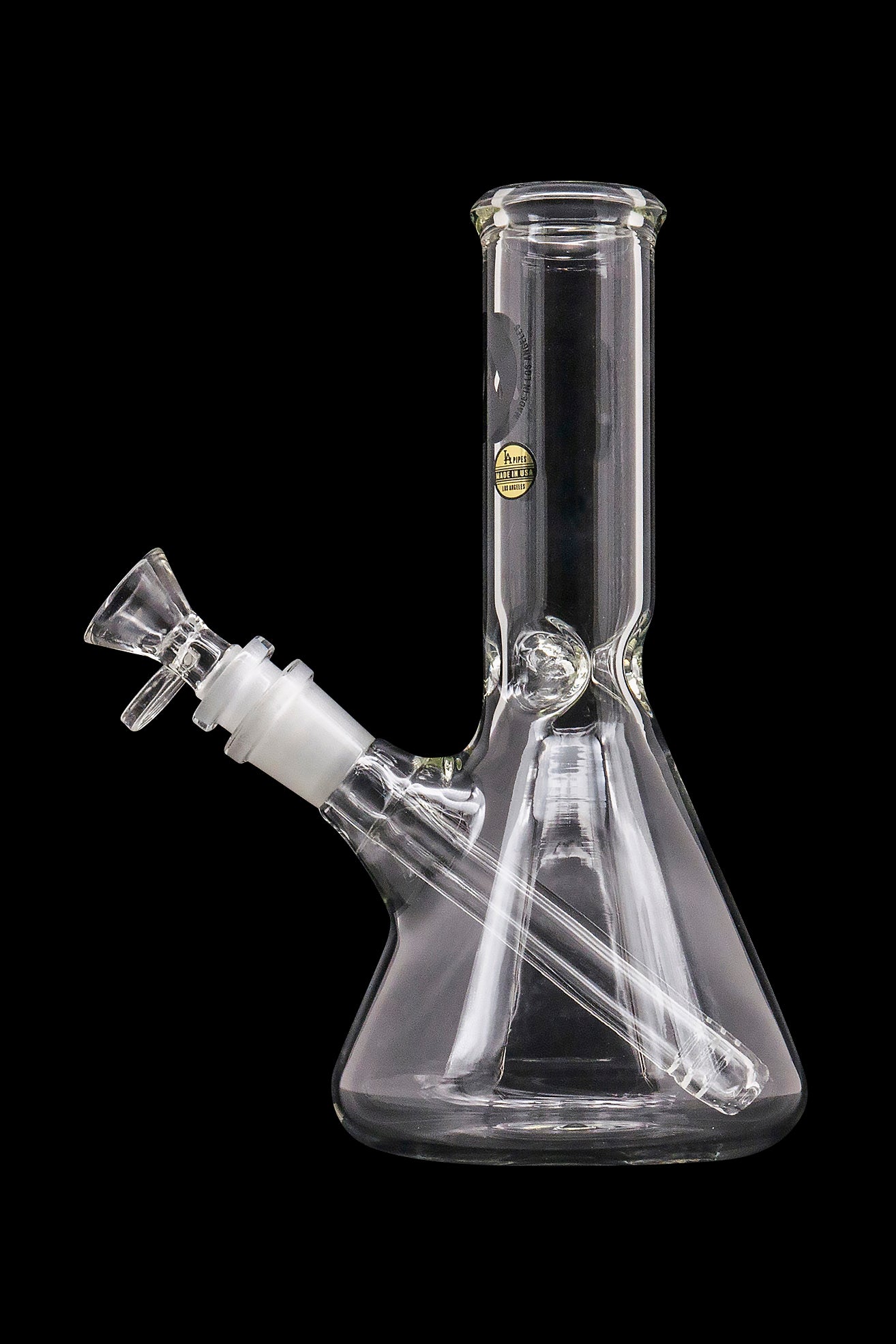 A studio shot of the LA Pipes Basic Beaker Water Pipe - Simply Guy, with a clear glass body angled toward the viewer.