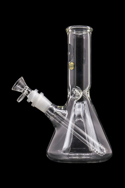 A studio shot of the LA Pipes Basic Beaker Water Pipe - Simply Guy, with a clear glass body angled toward the viewer.