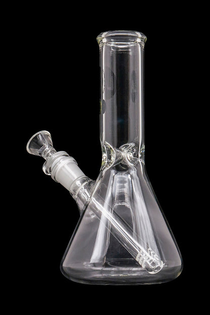 A front view of the LA Pipes Basic Beaker Water Pipe - Simply Guy, showcasing the clear glass beaker design against a black background.