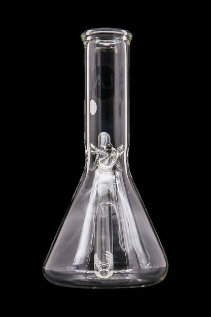 Front view of the LA Pipes Basic Beaker Water Pipe - Simply Guy, a clear glass beaker with a simple, cylindrical shape.