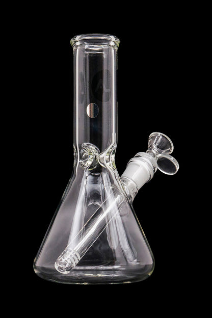 Front view of the LA Pipes Basic Beaker Water Pipe - Simply Guy, a clear glass water pipe with a classic beaker shape.