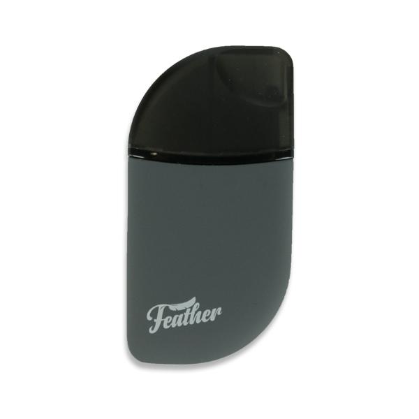 Front view of the Kandy Pens Feather Compact Vaporizer, a sleek, silver device against a white backdrop.