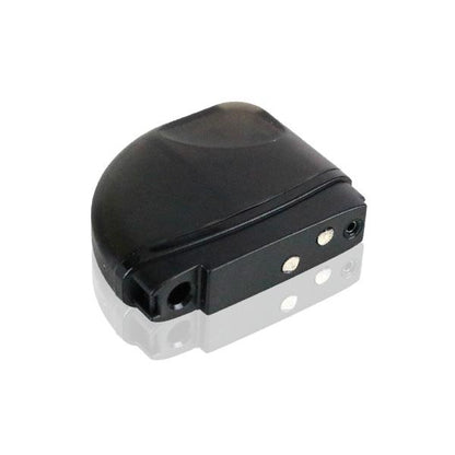 A diagonal view of the compact Kandy Pens Feather Vaporizer, shown in black with a sleek, minimalist design and a reflective surface.