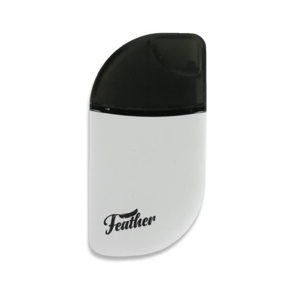Close-up of the Kandy Pens Feather Compact Vaporizer with a sleek, minimalist design against a neutral background.