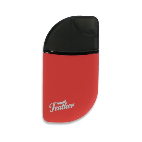 Front view of the Kandy Pens Feather Compact Vaporizer, showing its sleek, silver finish and minimalist design against a plain white background.