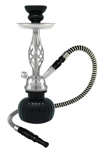 A front view of the Swirl 1-Hose Premium Hookah, showing its silver stem and black bowl, connected by a dark hose.