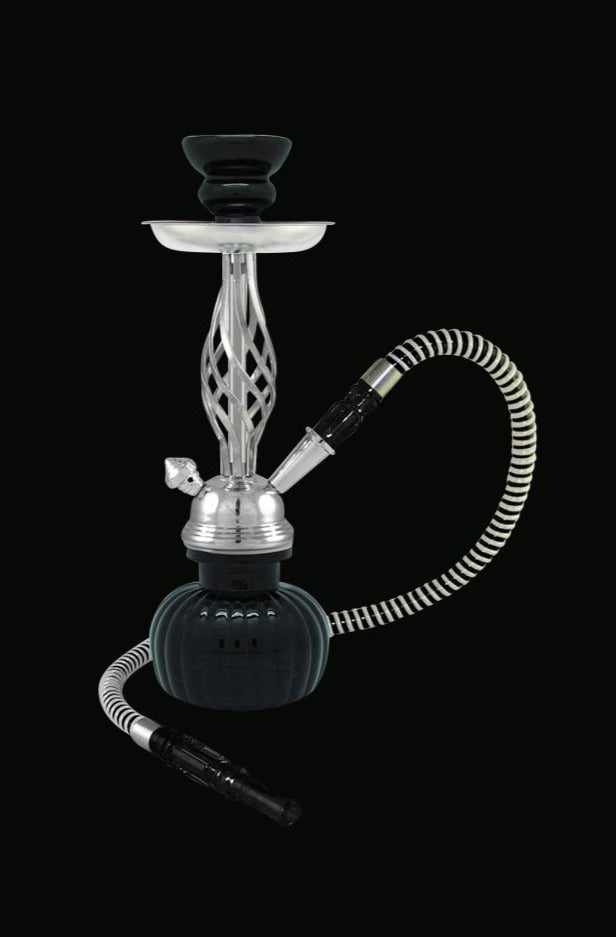 A front view of the Swirl 1-Hose Premium Hookah, featuring a silver-toned body and single hose against a dark background.