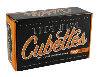 Front view of the 120 Titanium Coconut Coals - CUBETTES packaging with bold text on a vibrant orange background.