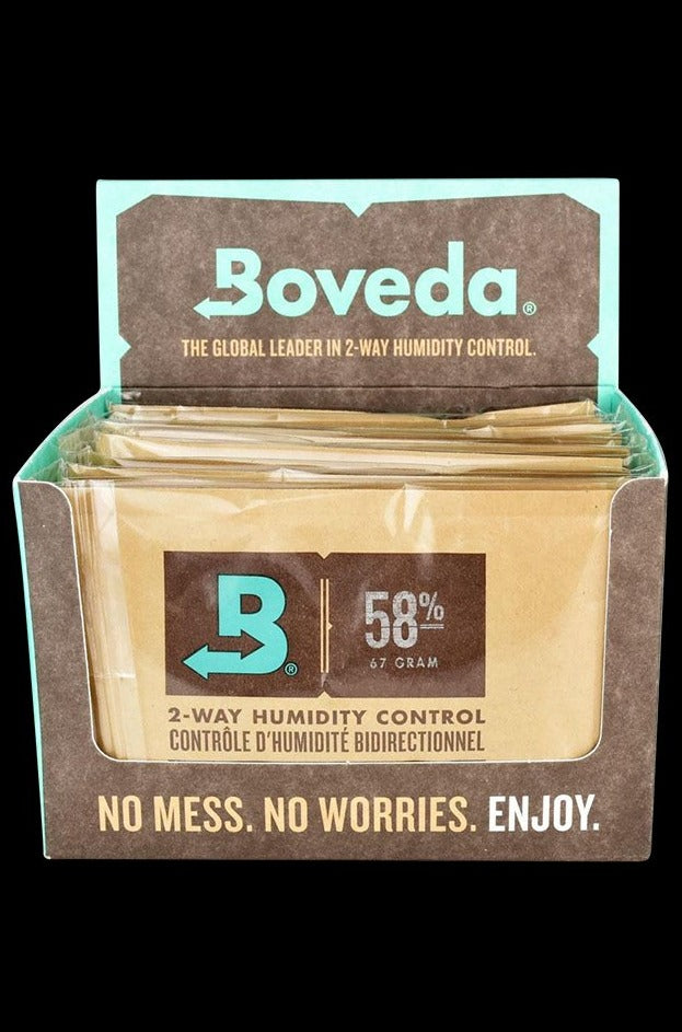 A close-up, angled view of the Boveda Humidity Control - 12 Pack, showing the branded packaging with a percentage display.