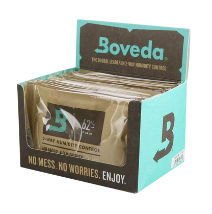 A close-up, angled view of the Boveda Humidity Control 12 Pack, showing the product’s packaging and branding.