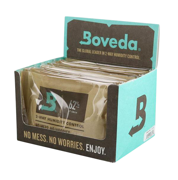 A close-up, angled view of the Boveda Humidity Control 12 Pack, showing the product’s packaging and branding.