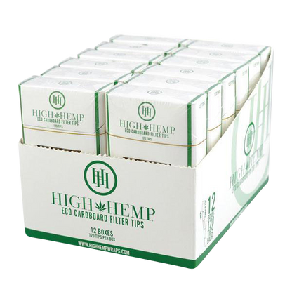 A stack of twelve High Hemp Eco Cardboard Filter Tips boxes, shown from a slightly elevated front view with simple white packaging.
