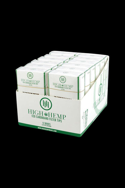 A stack of twelve packs of High Hemp Eco Cardboard Filter Tips, photographed at a slight angle against a plain white backdrop.