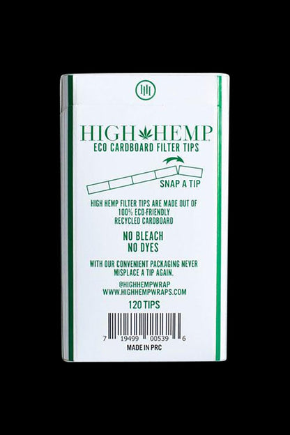 Front view of the High Hemp Eco Cardboard Filter Tips packaging, displaying a simple, green and white design.