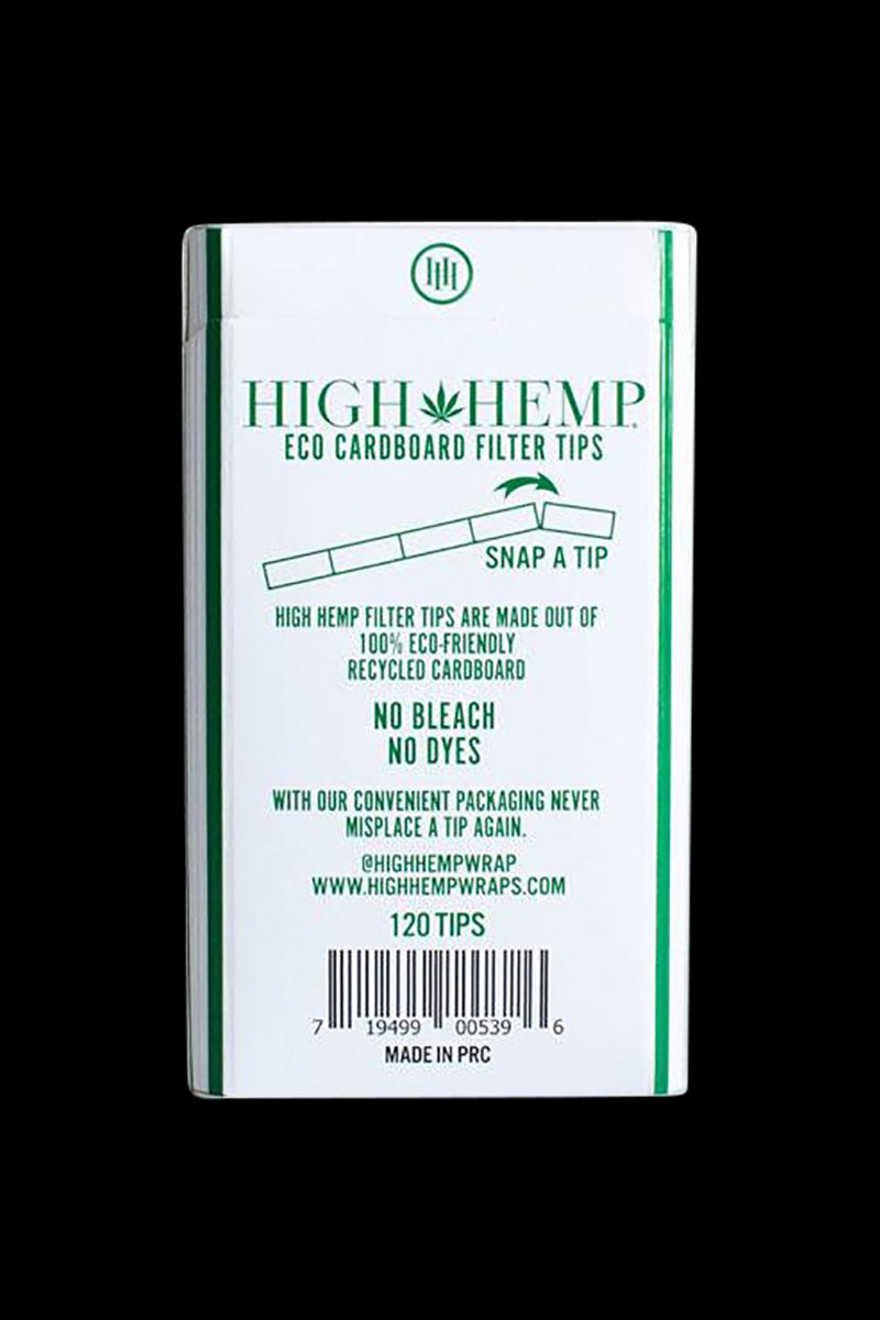 Front view of the High Hemp Eco Cardboard Filter Tips packaging, displaying a simple, green and white design.