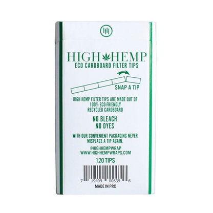 Front view of the High Hemp Eco Cardboard Filter Tips packaging, showing a close-up of the textured cardboard material.