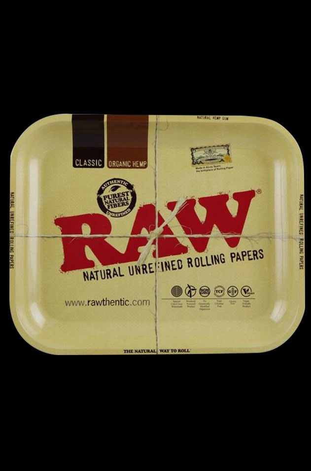 A top-down view of the RAW Aluminum High Sided Rolling Tray displaying its branded design against a plain white background.