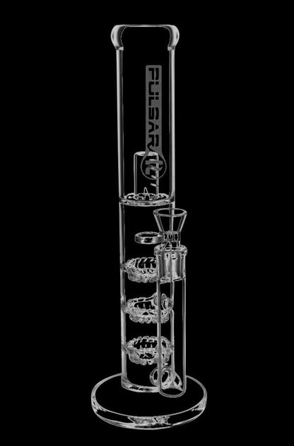 Front view of the Pulsar Glass Water Pipe With Three Turbine Percolators, showcasing its clear glass construction and intricate percolator design.
