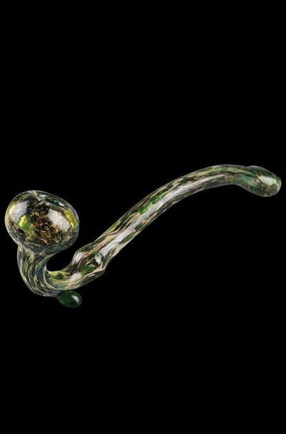 Green and olive glass cannabis oil rig with intricate swirls.