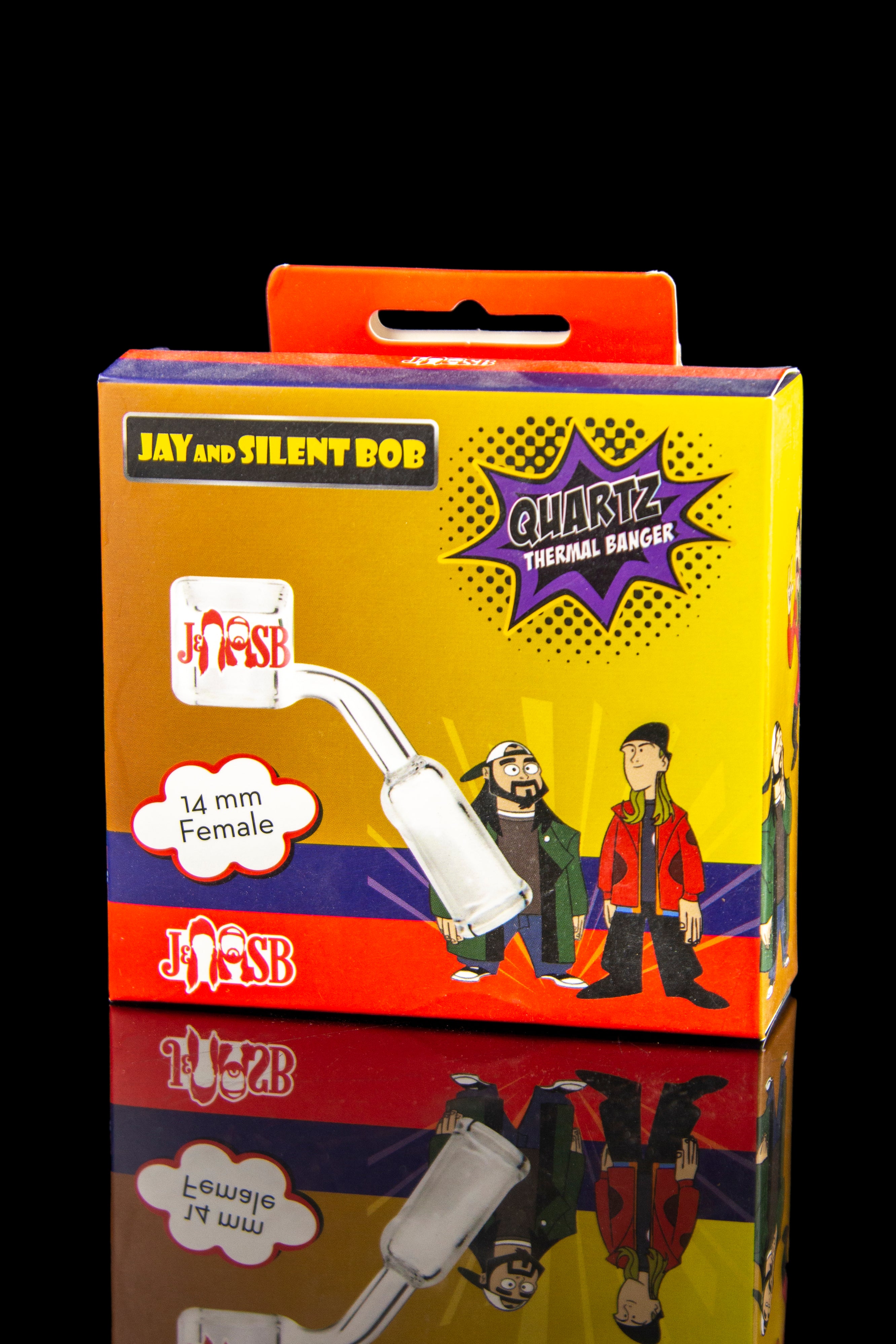 A packaged quartz thermal banger for dabbing, featuring artwork of Jay and Silent Bob from the film *Clerks*.