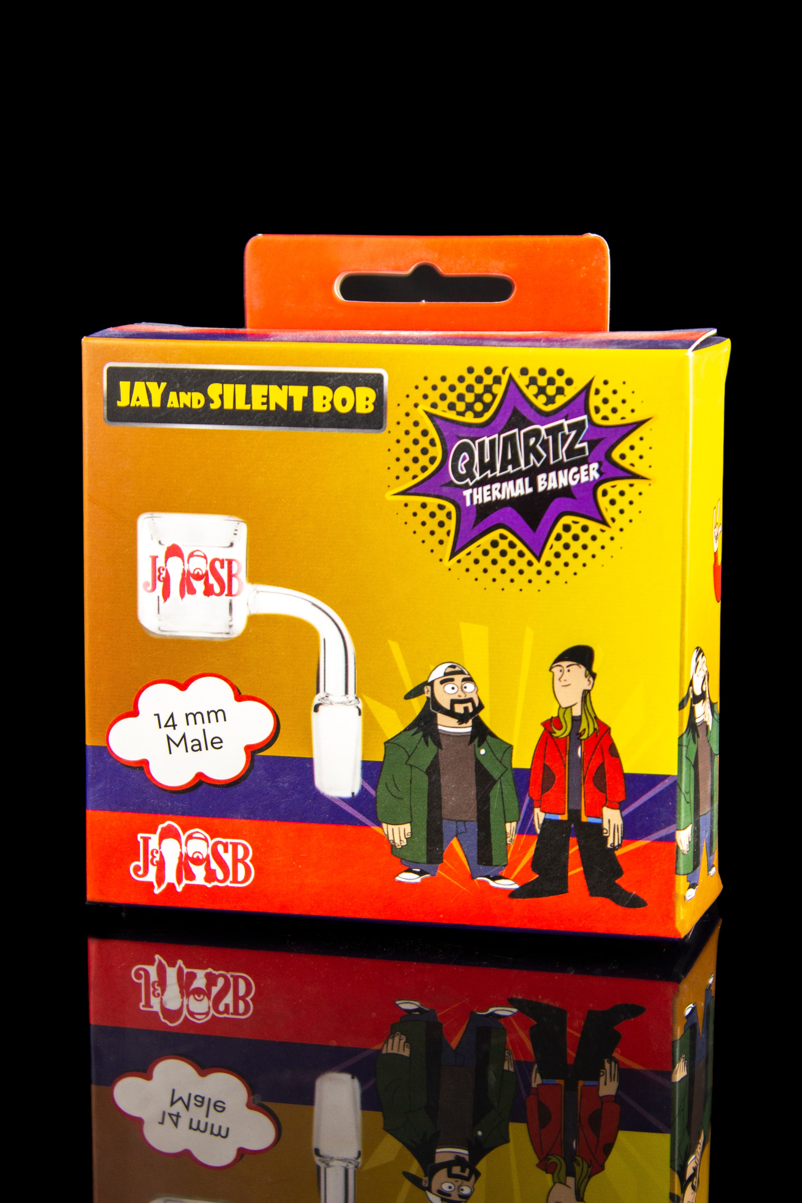 Stacked packaging for “Jay and Silent Bob” branded quartz thermal bangers, featuring cartoon depictions of the characters and product details.