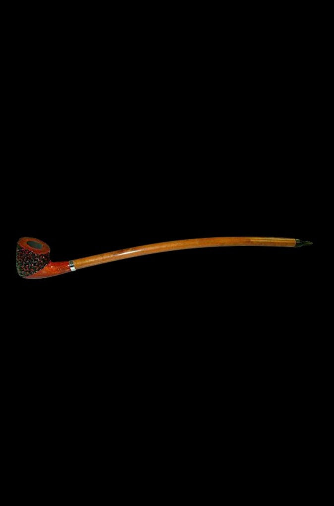 Side view of the Sherlock Cherry Wood Pipe, showing the curved bowl and stem against a dark background.
