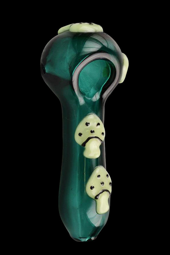 Green glass pipe decorated with sculpted mushroom details.