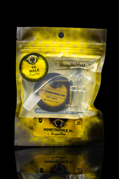 Sealed mylar bag with cannabis branding, featuring a bee logo and text indicating "Honeysuckle XL" and "14 Male."
