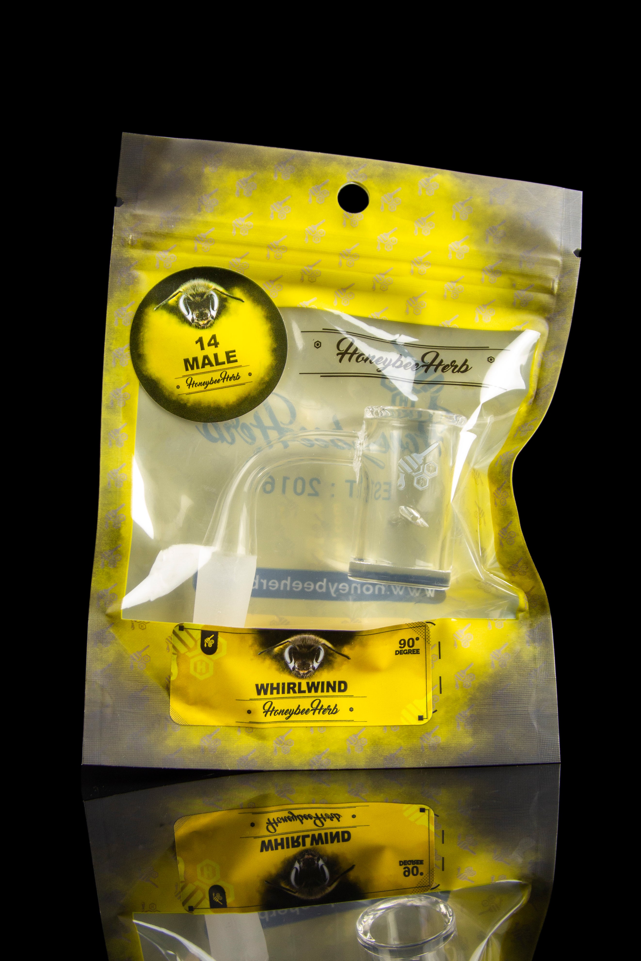 Gold mylar bag with cannabis branding, featuring “Honeybee Herbs” and eye-shaped logos.
