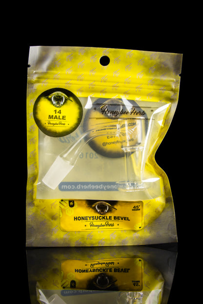 Gold mylar bag labeled "Honeysuckle Bevel" with cannabis branding and a circular "14 Male" sticker.
