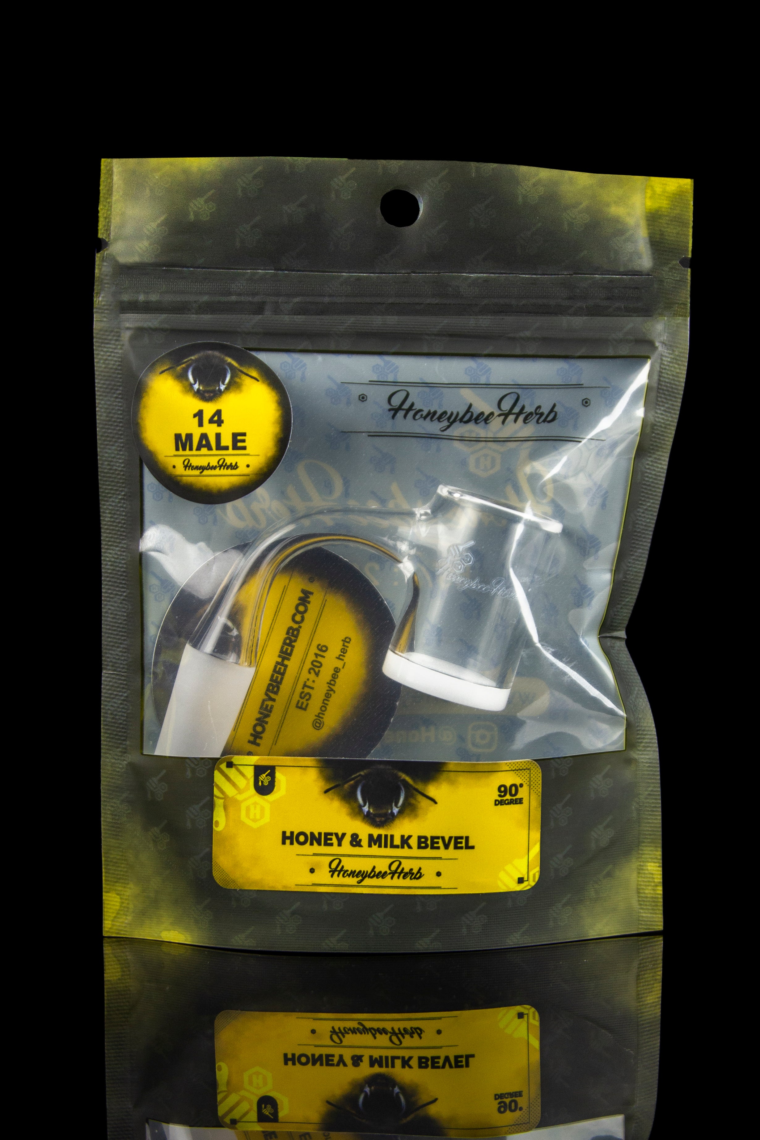 Silver mylar bag with black graphic of a shoe and branding for "Honeybee Herb" cannabis accessories.