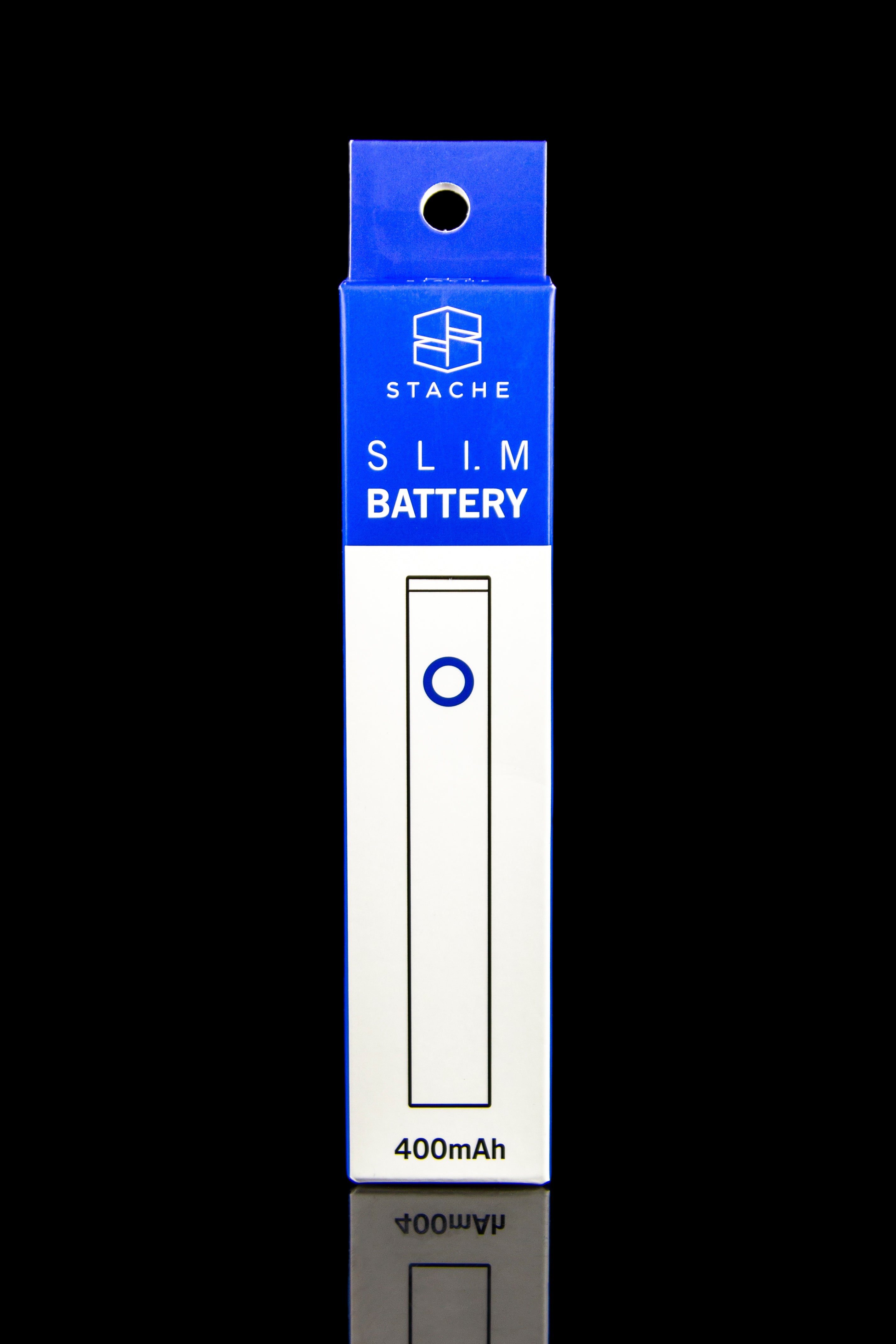Blue and white “Stache” slim battery for cannabis vape cartridges, displaying “400mAh” capacity.