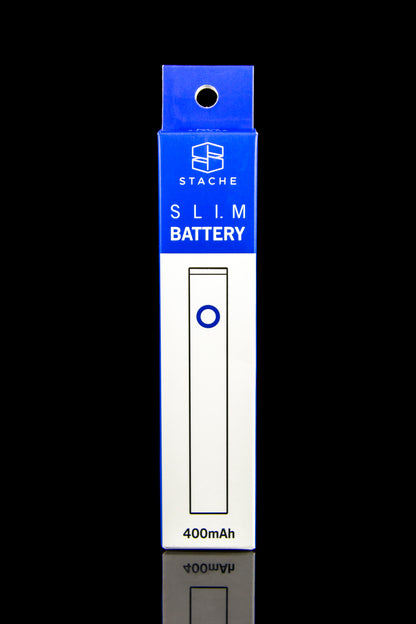 Blue and white “Stache” slim battery for cannabis vape cartridges, displaying “400mAh” capacity.