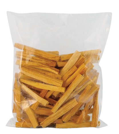 Front view of the “Palo Santo ‘Holy Wood’ Sticks” inside a clear plastic bag, showing a pound of the pale, woodsy sticks.