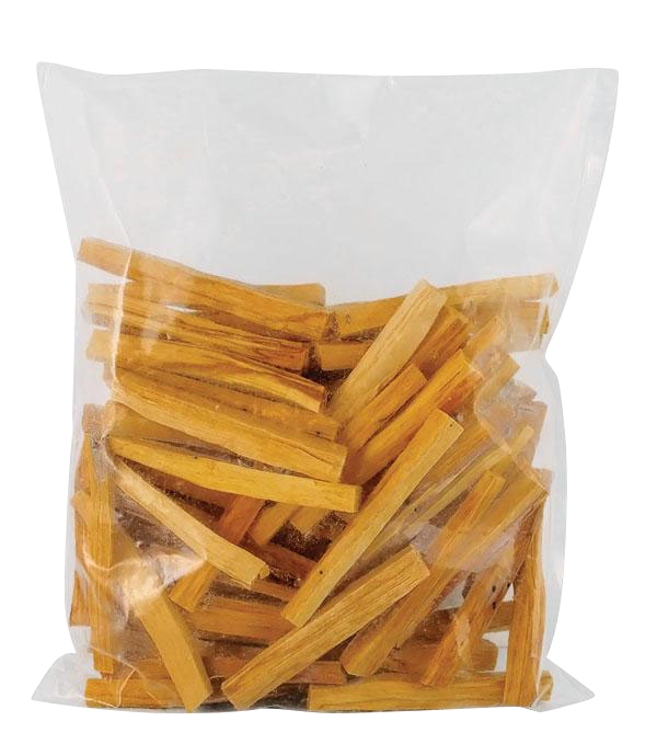 Front view of the “Palo Santo ‘Holy Wood’ Sticks” inside a clear plastic bag, showing a pound of the pale, woodsy sticks.