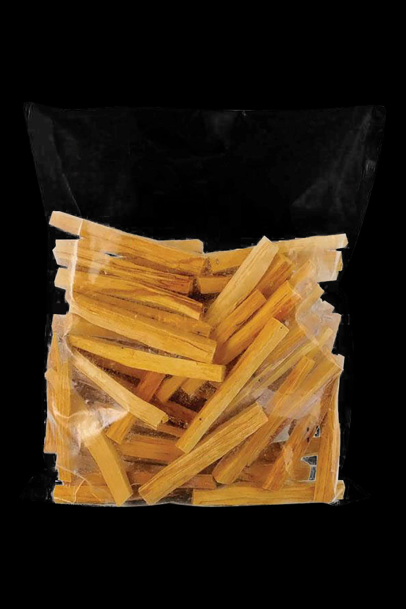 A full bag of Palo Santo "Holy Wood" Sticks is shown from a slightly overhead angle, displaying the bundled, light-colored wooden pieces.