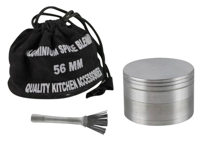 Front view of the Classic 4-Piece Metal Grinder, a silver, four-tiered cylindrical device with a metallic finish.