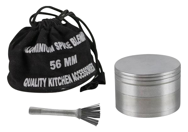 Front view of the Classic 4-Piece Metal Grinder, a silver, four-tiered cylindrical device with a metallic finish.