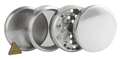 A disassembled view of the Classic 4-Piece Metal Grinder, showcasing its four silver metal parts arranged in a row.