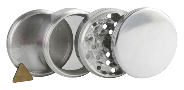 A disassembled view of the Classic 4-Piece Metal Grinder, showcasing its four silver metal parts arranged in a row.