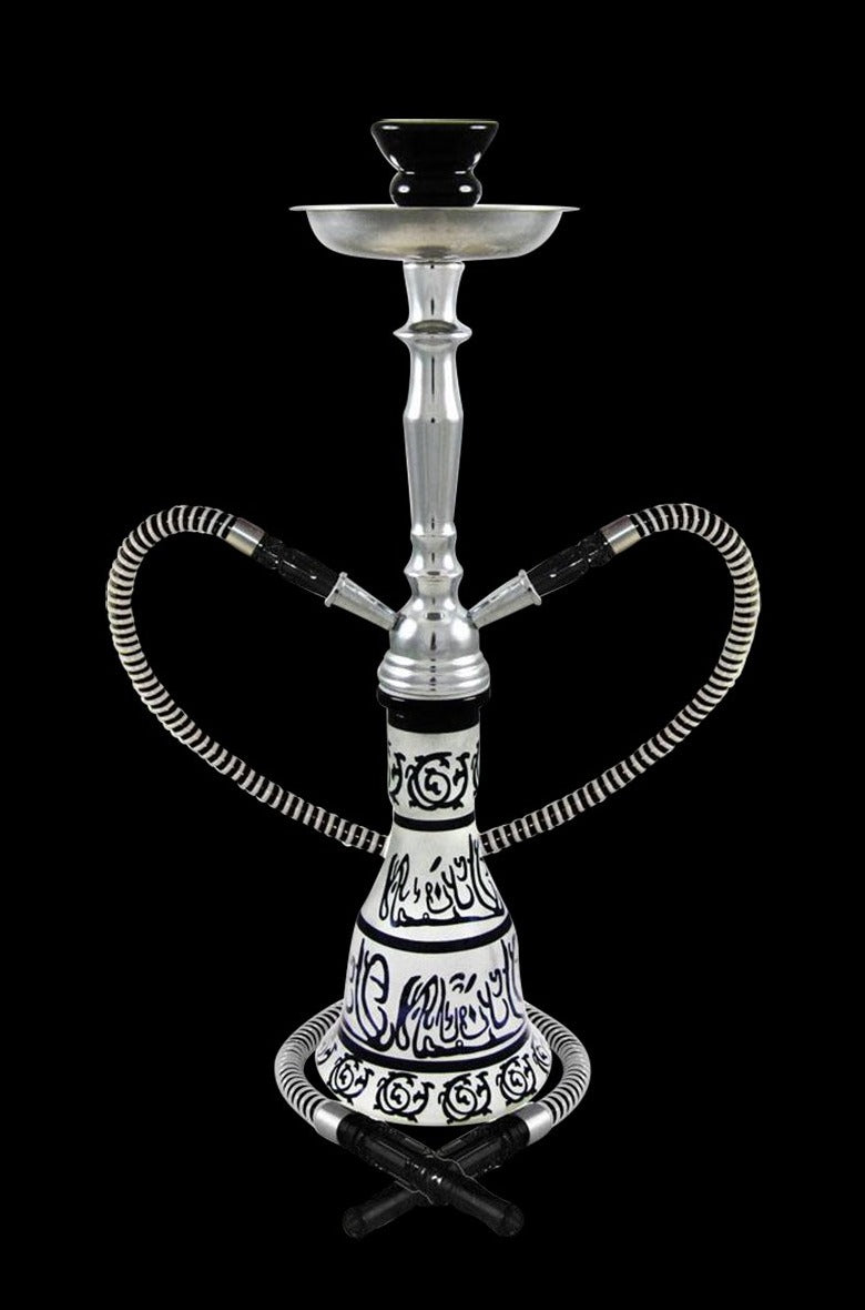 Front view of the Premium Hookah 2-Hose Hookah - Hieros, showcasing its two hoses and sleek, silver-toned design.