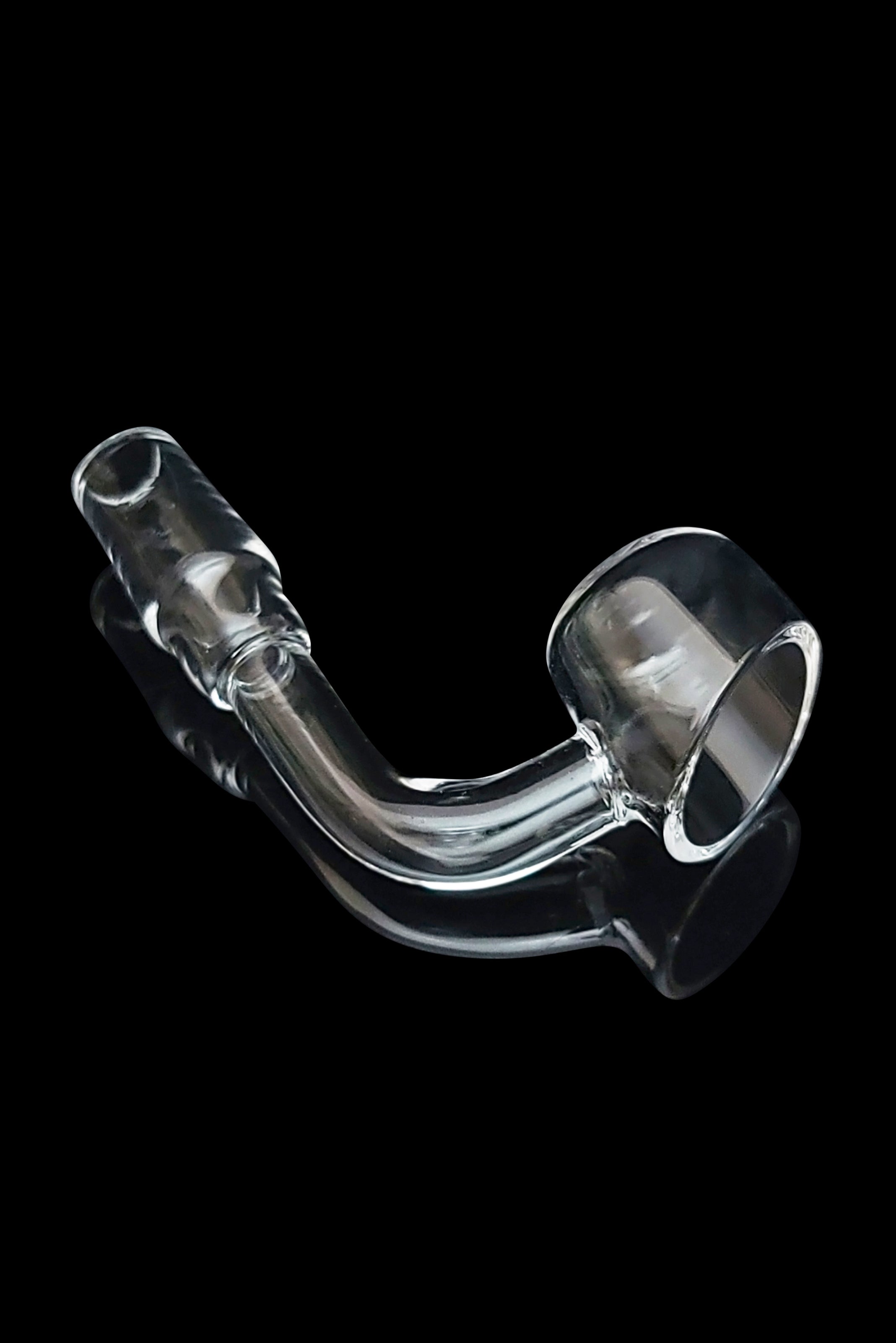 Clear glass dab rig with a curved neck and bowl, isolated on a black background.