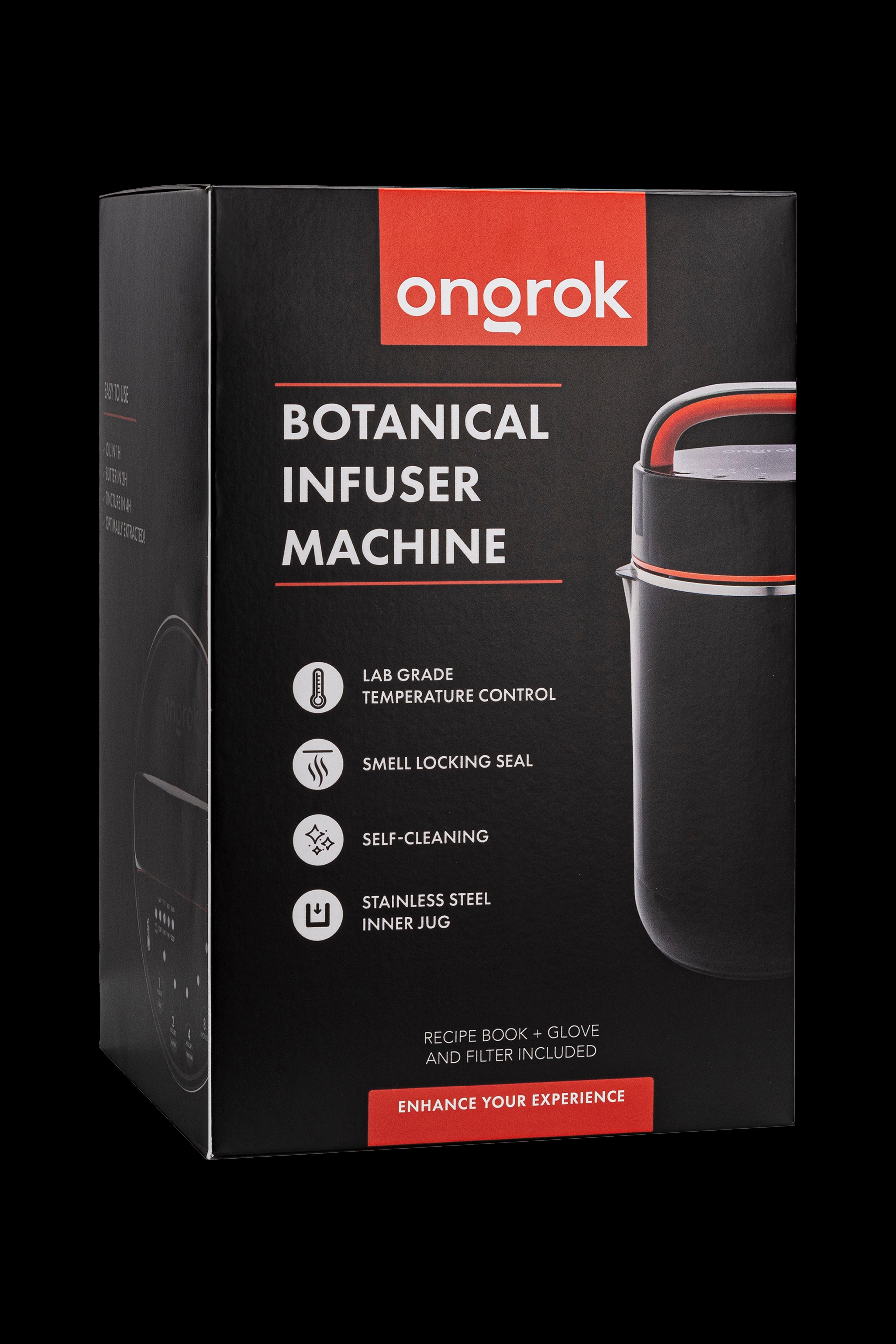 Product packaging for Onrok Botanical Infuser Machine, featuring details like lab-grade temperature control, smell-locking seal, and self-cleaning functions. 