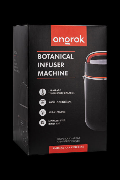 Product packaging for Onrok Botanical Infuser Machine, featuring details like lab-grade temperature control, smell-locking seal, and self-cleaning functions. 