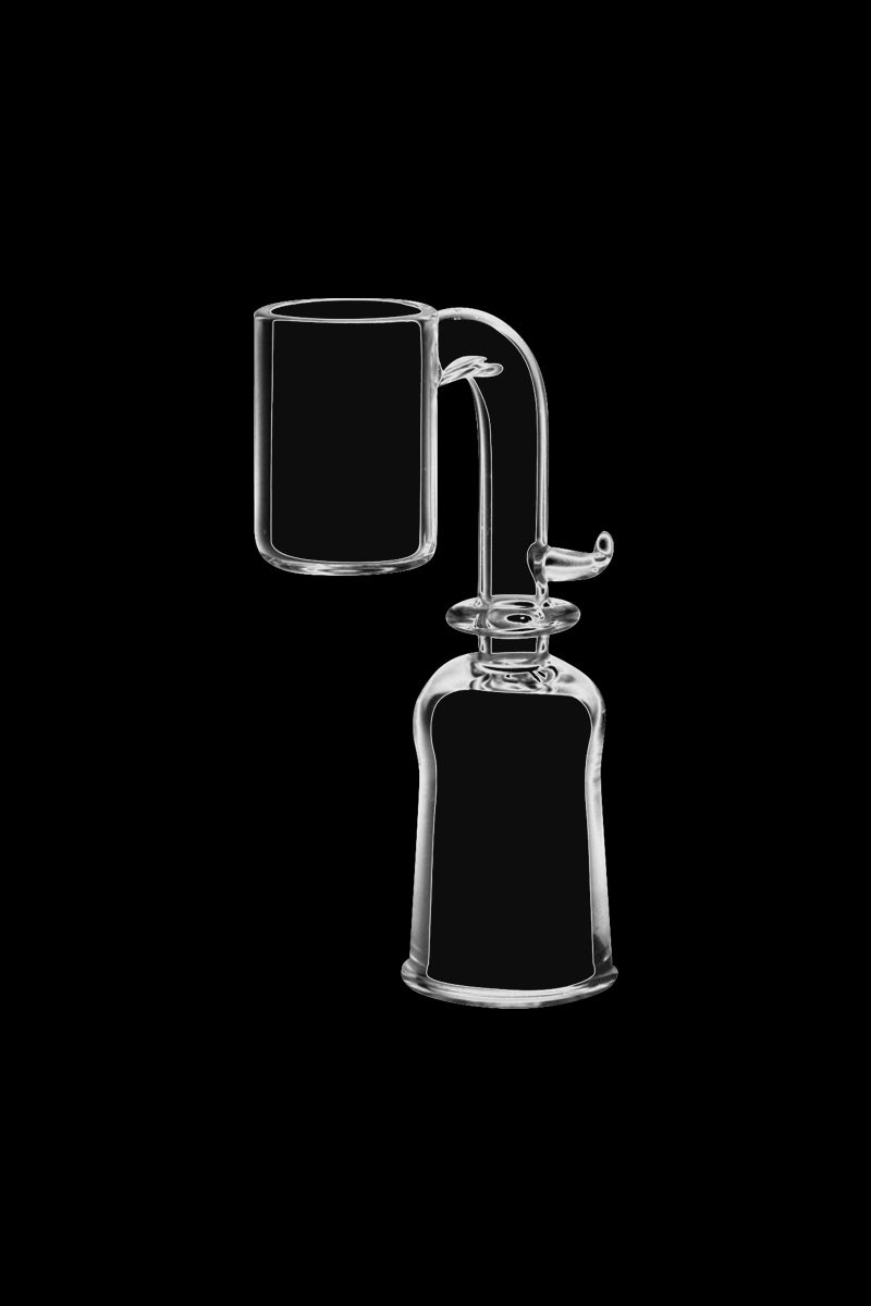 A close-up, angled view of the Quartz Banger for 20mm E-Nail Coils, displaying its clear glass construction and rounded basin.