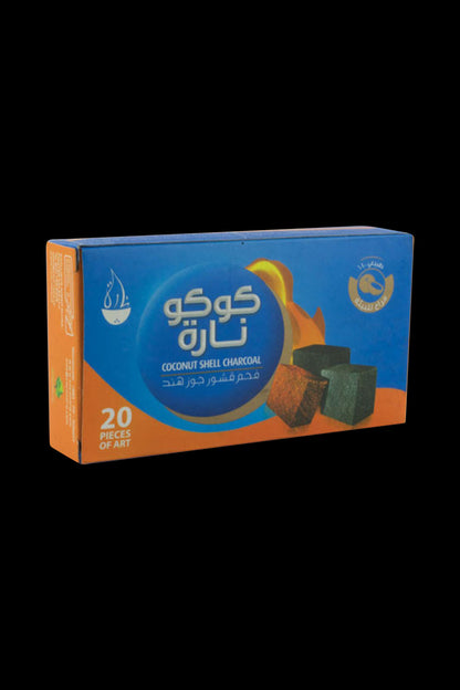 A front view of the 20-pack Coco Nara Hookah Charcoal, packaged in a blue and white box with Arabic lettering.
