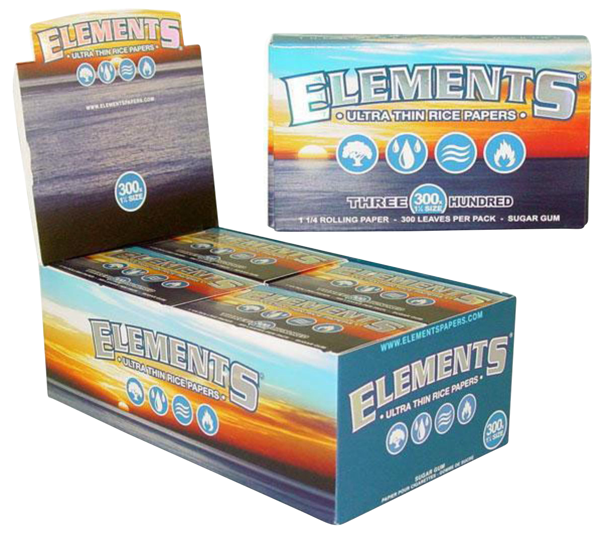 Front view of the Elements Ultra Thin 1 1/4" Rice Rolling Papers packaging, displaying a vibrant color scheme and prominent branding details.