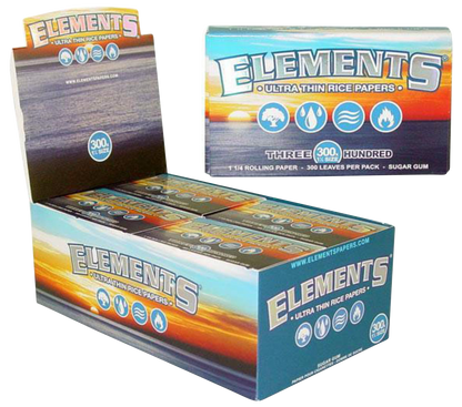 Front view of the Elements Ultra Thin 1 1/4" Rice Rolling Papers packaging, displaying a vibrant color scheme and prominent branding details.